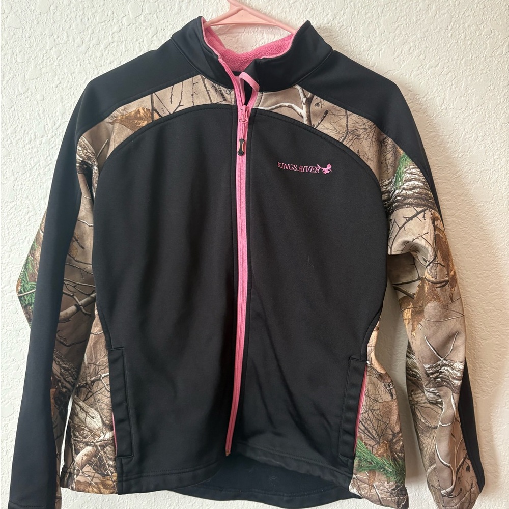 Kings River Camo and Black Jacket with Pink Logo